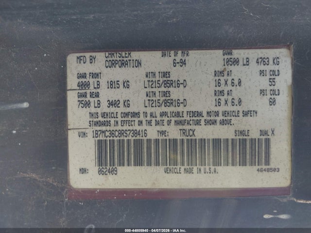 44805940 :رقم المزاد ، 1B7MC36C8RS738416 vin ، 1994 Dodge Ram 3500 مزاد بيع