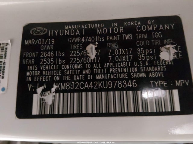 2019 Hyundai Tucson Se მანქანა იყიდება აუქციონზე, vin: KM8J2CA42KU978346, აუქციონის ნომერი: 44805942