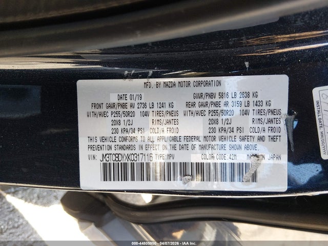 Aukcja sprzedaży 2019 Mazda Cx-9 Grand Touring, vin: JM3TCBDYXK0317116, numer aukcji: 44805950