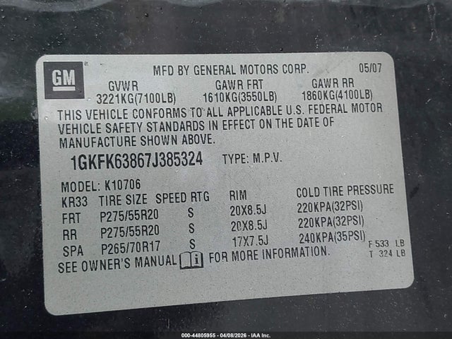 Продажа на аукционе авто 2007 Gmc Yukon Denali, vin: 1GKFK63867J385324, номер лота: 44805955