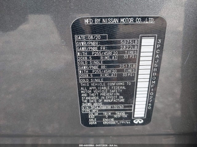 Продажа на аукционе авто 2021 Infiniti Qx50 Luxe Awd, vin: 3PCAJ5BB0MF102760, номер лота: 44805964