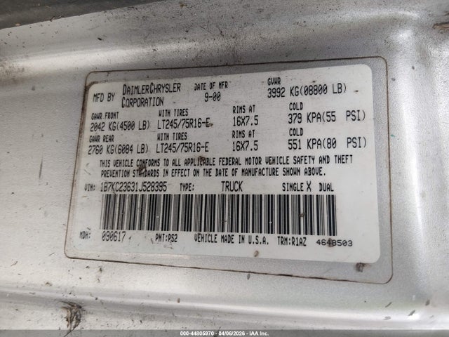 44805970 :رقم المزاد ، 1B7KC23631J528395 vin ، 2001 Dodge Ram 2500 St مزاد بيع