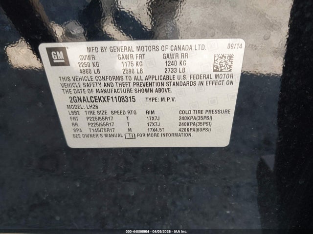 2015 Chevrolet Equinox 2lt მანქანა იყიდება აუქციონზე, vin: 2GNALCEKXF1108315, აუქციონის ნომერი: 44806004