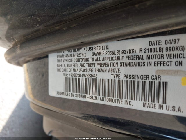 Продаж на аукціоні авто 1997 Subaru Legacy L/postal Right-hand Drive, vin: 4S3BK4351V7323442, номер лоту: 44806009