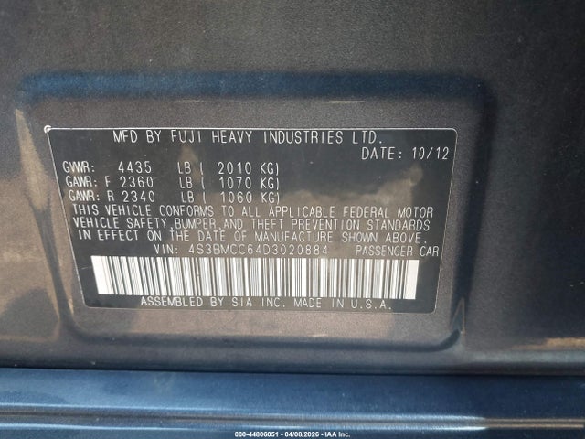 2013 Subaru Legacy 2.5i Premium მანქანა იყიდება აუქციონზე, vin: 4S3BMCC64D3020884, აუქციონის ნომერი: 44806051