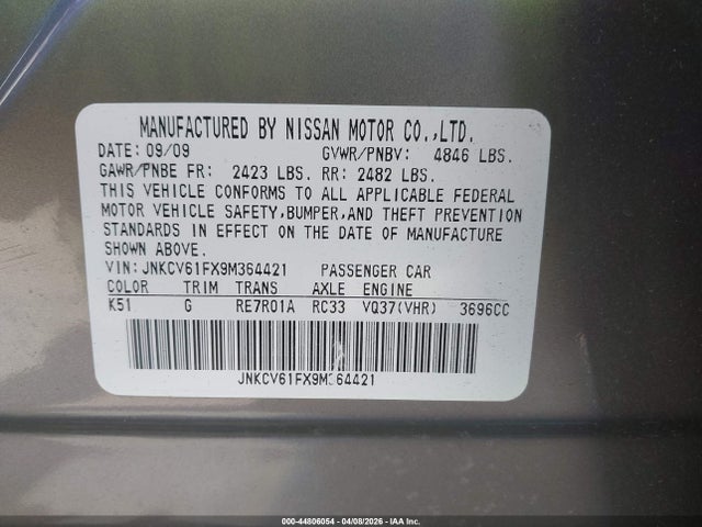 2009 Infiniti G37x მანქანა იყიდება აუქციონზე, vin: JNKCV61FX9M364421, აუქციონის ნომერი: 44806054