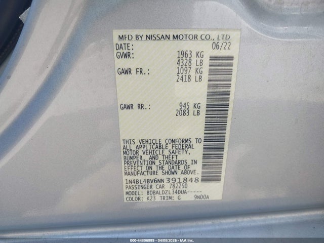 1N4BL4BV6NN391848 Nissan Altima S Fwd