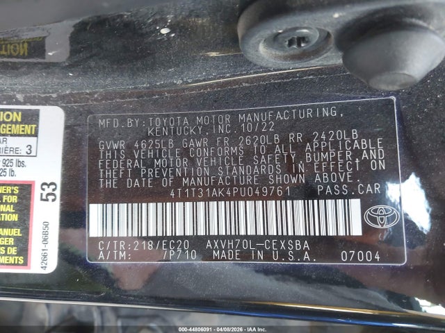44806091 :رقم المزاد ، 4T1T31AK4PU049761 vin ، 2023 Toyota Camry Se Nightshade Edition Hybrid مزاد بيع