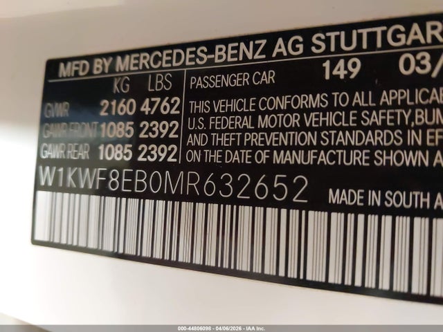 Продажа на аукционе авто 2021 Mercedes-benz C 300 4matic, vin: W1KWF8EB0MR632652, номер лота: 44806098