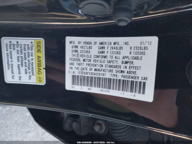 44806099 :رقم المزاد ، 19UUA9F59CA006787 vin ، 2012 Acura Tl 3.7 مزاد بيع