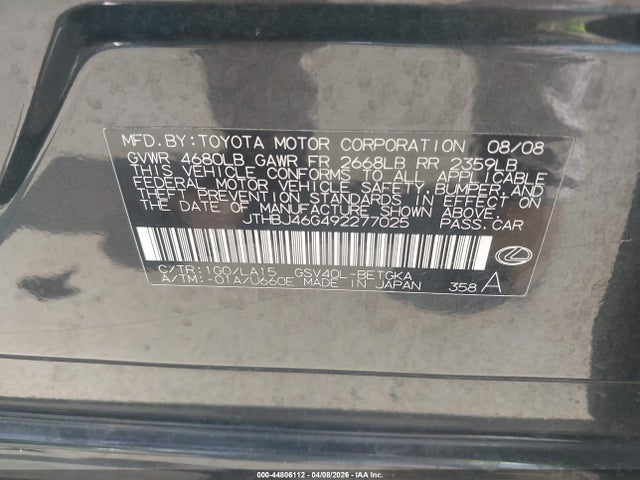 Продаж на аукціоні авто 2009 Lexus Es 350, vin: JTHBJ46G492277025, номер лоту: 44806112