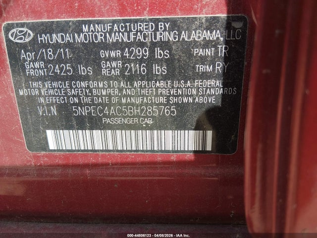 2011 Hyundai Sonata Se მანქანა იყიდება აუქციონზე, vin: 5NPEC4AC5BH285765, აუქციონის ნომერი: 44806123