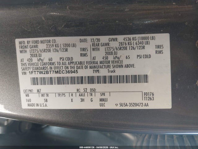 Aukcja sprzedaży 2021 Ford F-250 Lariat, vin: 1FT7W2BT7MEC36945, numer aukcji: 44806126