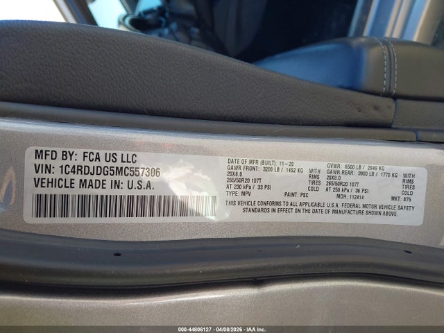 Продажа на аукционе авто 2021 Dodge Durango Gt Plus Awd, vin: 1C4RDJDG5MC557306, номер лота: 44806127