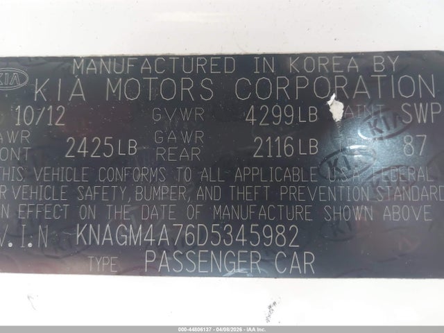 2013 Kia Optima Lx მანქანა იყიდება აუქციონზე, vin: KNAGM4A76D5345982, აუქციონის ნომერი: 44806137
