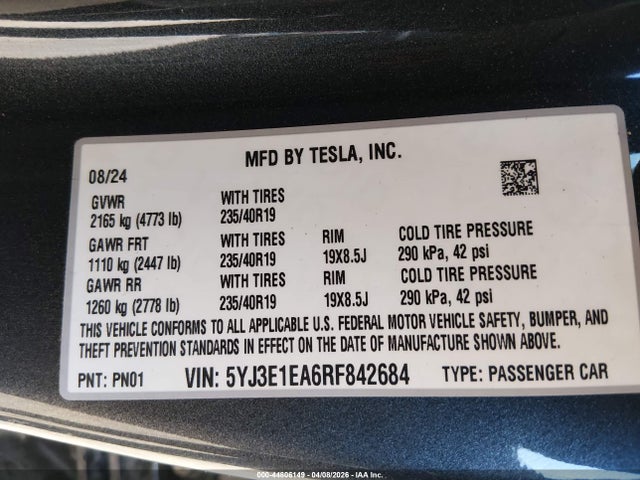 2024 Tesla Model 3 მანქანა იყიდება აუქციონზე, vin: 5YJ3E1EA6RF842684, აუქციონის ნომერი: 44806149