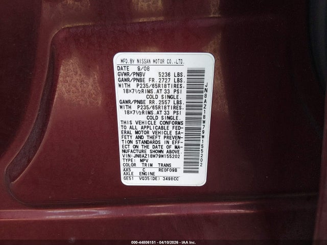 44806151 :رقم المزاد ، JN8AZ18W79W155202 vin ، 2009 Nissan Murano Sl مزاد بيع