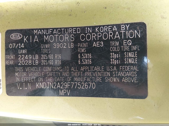 44806164 :رقم المزاد ، KNDJN2A29F7752670 vin ، 2015 Kia Soul مزاد بيع