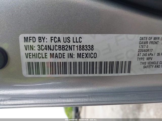 44806185 :رقم المزاد ، 3C4NJCBB2NT188338 vin ، 2022 Jeep Compass Latitude Fwd مزاد بيع