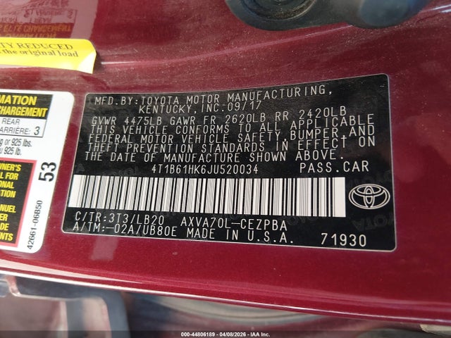 4T1B61HK6JU520034 Toyota CAMRY XSE