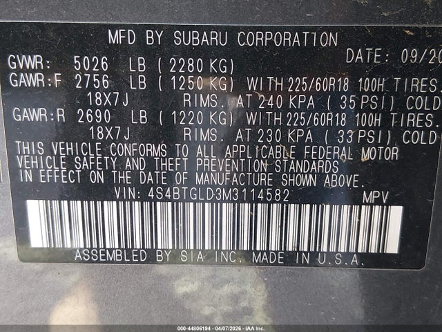 Aukcja sprzedaży 2021 Subaru Outback Onyx Edition Xt, vin: 4S4BTGLD3M3114582, numer aukcji: 44806194