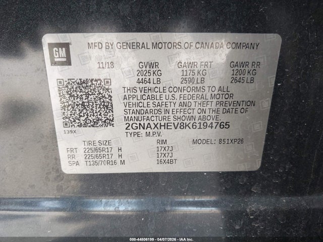 2019 CHEVROLET EQUINOX 2GNAXHEV8K6194765 Photo 8