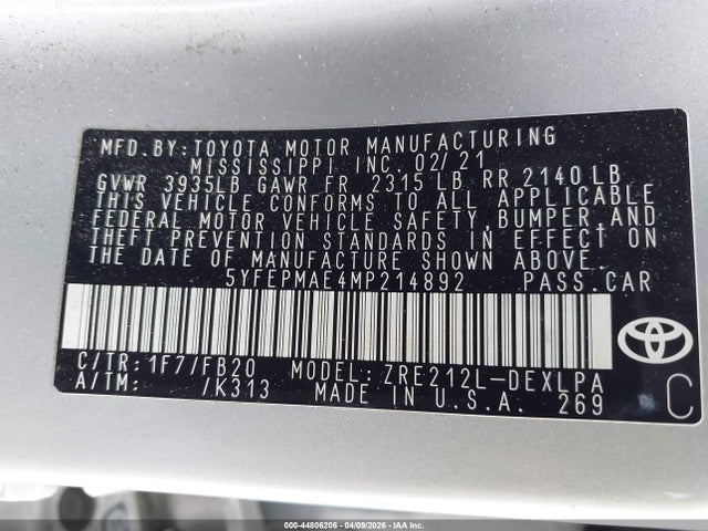 5YFEPMAE4MP214892 Toyota COROLLA LE