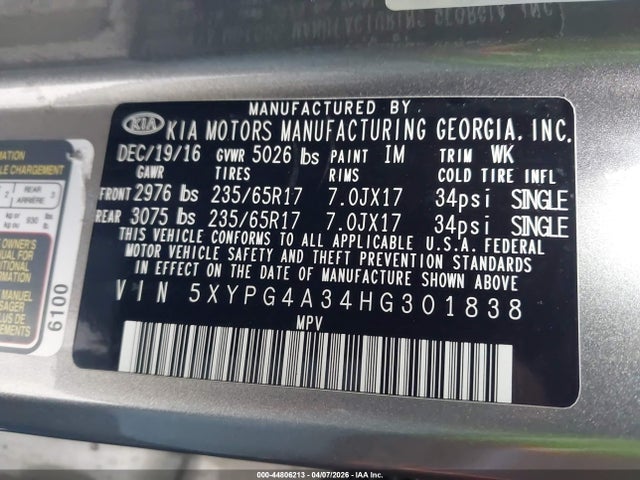 5XYPG4A34HG301838 KIA Sorento 2.4l Lx