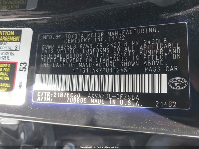 Aukcja sprzedaży 2023 Toyota Camry Se Nightshade Edition, vin: 4T1G11AKXPU112451, numer aukcji: 44806220