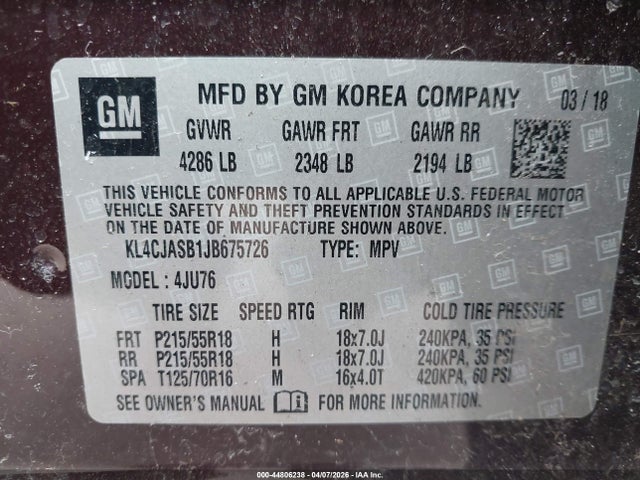 Aukcja sprzedaży 2018 Buick Encore Preferred, vin: KL4CJASB1JB675726, numer aukcji: 44806238