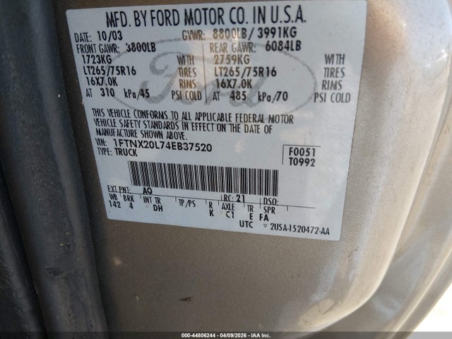 Auction sale of the 2004 Ford F-250 Lariat/xl/xlt, vin: 1FTNX20L74EB37520, lot number: 44806244