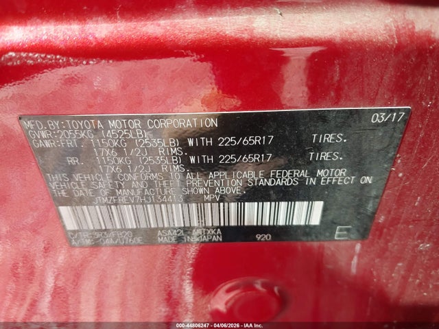44806247 :رقم المزاد ، JTMZFREV7HJ134413 vin ، 2017 Toyota Rav4 Le مزاد بيع