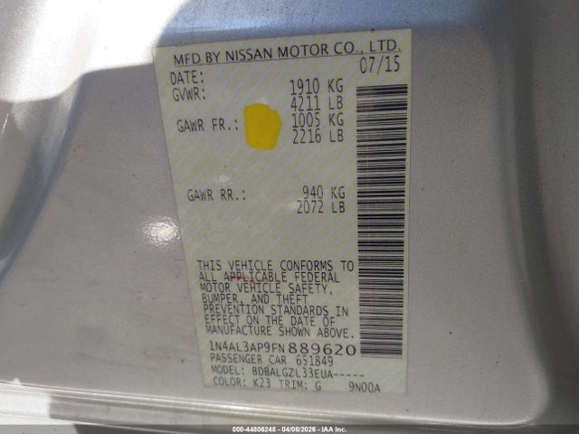 Aukcja sprzedaży 2015 Nissan Altima 2.5/2.5 S/2.5 Sl/2.5 Sv, vin: 1N4AL3AP9FN889620, numer aukcji: 44806248
