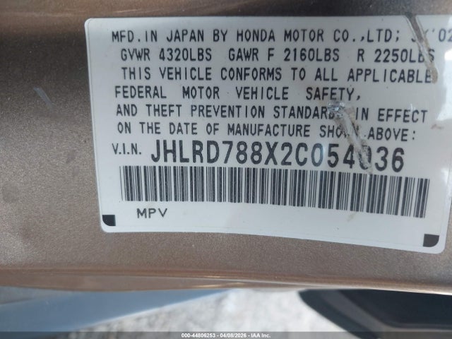 44806253 :رقم المزاد ، JHLRD788X2C054036 vin ، 2002 Honda Cr-v Ex مزاد بيع