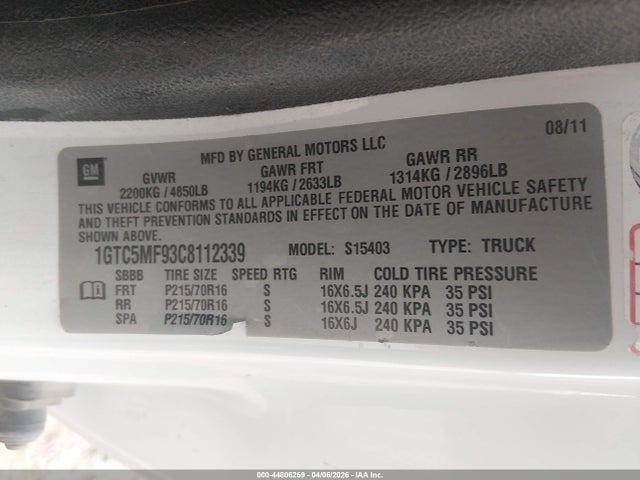 Aukcja sprzedaży 2012 Gmc Canyon Sle1, vin: 1GTC5MF93C8112339, numer aukcji: 44806259