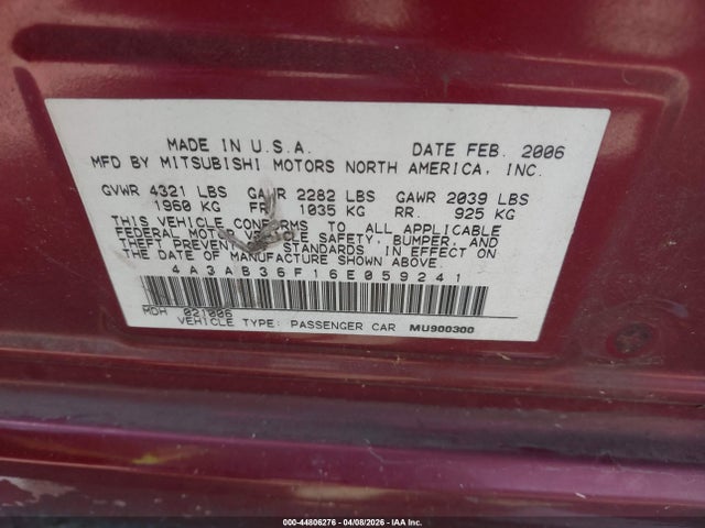Продаж на аукціоні авто 2006 Mitsubishi Galant Es/se, vin: 4A3AB36F16E059241, номер лоту: 44806276