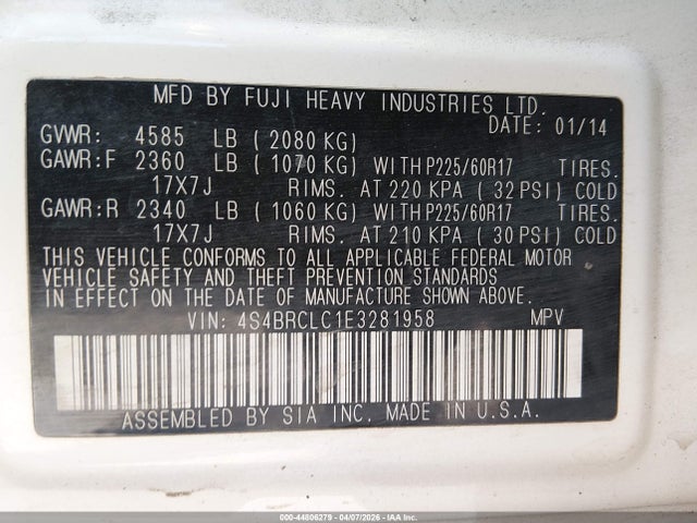 4S4BRCLC1E3281958 Subaru Outback 2.5i Limited