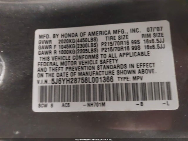 2008 HONDA ELEMENT 5J6YH28758L001366 Photo 8