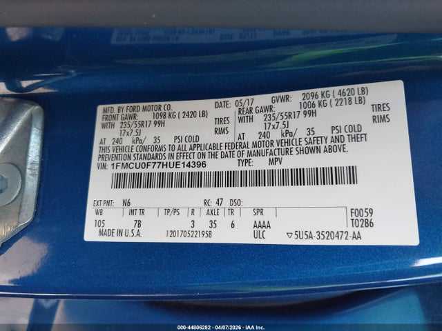 44806282 :رقم المزاد ، 1FMCU0F77HUE14396 vin ، 2017 Ford Escape S مزاد بيع