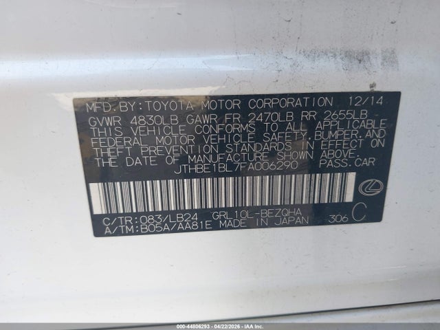 Aukcja sprzedaży 2015 Lexus Gs 350, vin: JTHBE1BL7FA006290, numer aukcji: 44806293