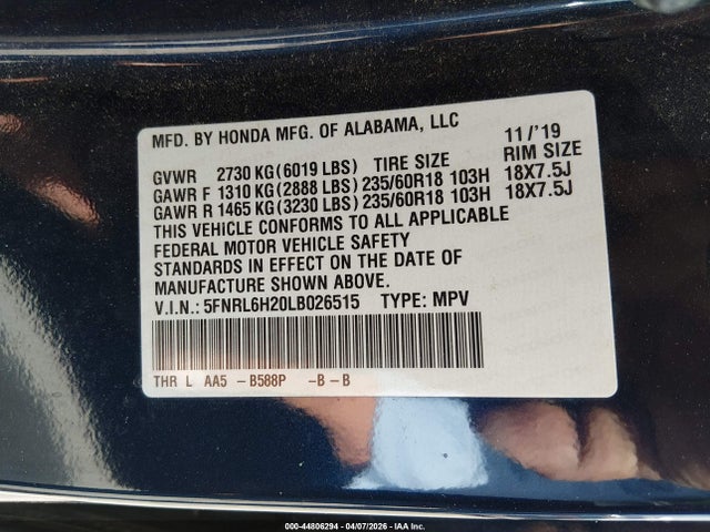 5FNRL6H20LB026515 Honda ODYSSEY LX