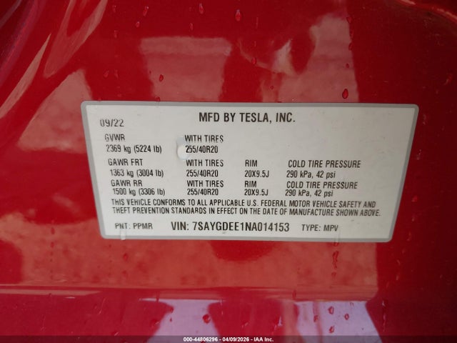 Продаж на аукціоні авто 2022 Tesla Model Y Long Range Dual Motor All-wheel Drive, vin: 7SAYGDEE1NA014153, номер лоту: 44806296