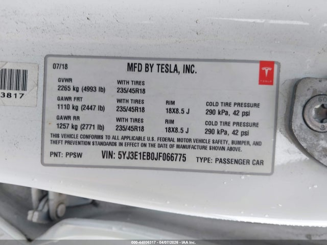 Aukcja sprzedaży 2018 Tesla Model 3 Long Range/performance, vin: 5YJ3E1EB0JF066775, numer aukcji: 44806317