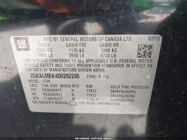 Aukcja sprzedaży 2013 Gmc Terrain Sle-1, vin: 2GKALMEK4D6282206, numer aukcji: 44806346