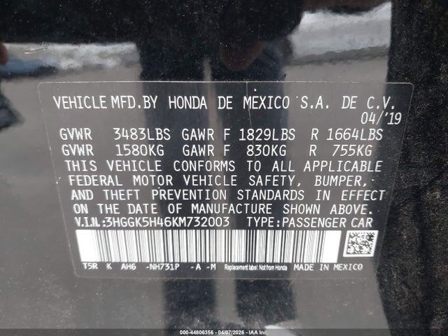 3HGGK5H46KM732003 Honda FIT LX