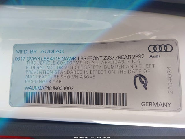 2018 Audi A4 2.0t Tech Ultra Premium/2.0t Ultra Premium მანქანა იყიდება აუქციონზე, vin: WAUKMAF48JN003002, აუქციონის ნომერი: 44806360
