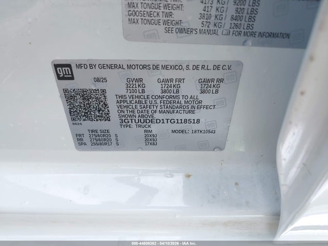 Aukcja sprzedaży 2026 Gmc Sierra 1500 , Short Bed, Slt, 4wd, vin: 3GTUUDED1TG118518, numer aukcji: 44806362