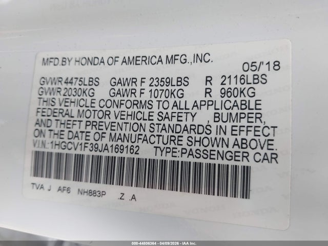 44806364 :رقم المزاد ، 1HGCV1F39JA169162 vin ، 2018 Honda Accord Sport مزاد بيع