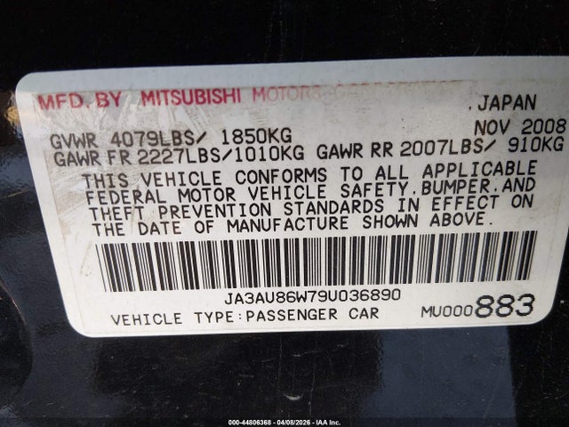 Продаж на аукціоні авто 2009 Mitsubishi Lancer Gts, vin: JA3AU86W79U036890, номер лоту: 44806368