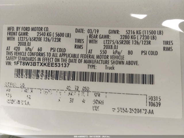 Продажа на аукционе авто 2019 Ford F-350 Lariat, vin: 1FT8W3BTXKEE53137, номер лота: 44806372